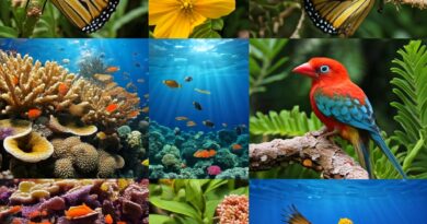 A vibrant collage showcasing diverse colorful wildlife, including butterflies, neon fish, and birds. This image highlights the importance of preserving biodiversity.