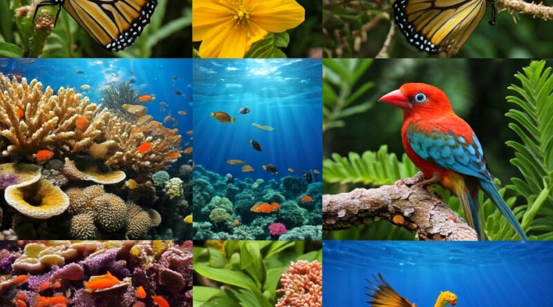 A vibrant collage showcasing diverse colorful wildlife, including butterflies, neon fish, and birds. This image highlights the importance of preserving biodiversity.