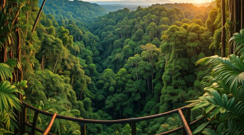 A breathtaking panoramic view of a lush rainforest with vibrant birdlife, showcasing the beauty of nature and the importance of eco-tourism.